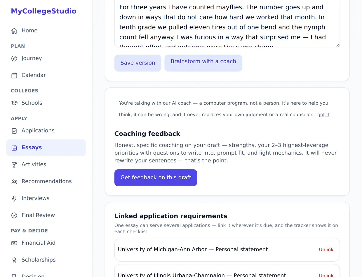 An example student's essay editor: the draft, a coaching-feedback panel that says it will never rewrite your sentences, the application requirements this essay is linked to, and a saved version history.