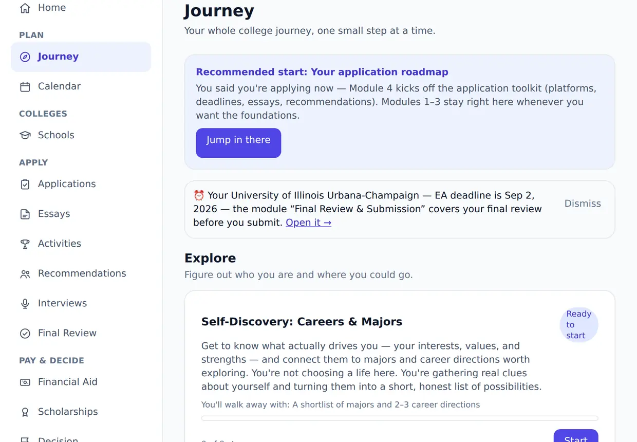 An example student's journey page: a recommended module to start with, a reminder tied to an upcoming application deadline, and a module card showing nine of nine steps complete.